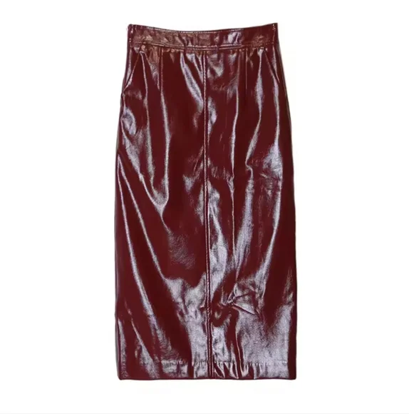 Autumn Shiny Reflective Patent Pu Leather Midi Pencil Skirt